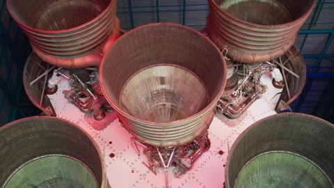 Massive rocket engine nozzles displayed in space museum exhibit Stock Footage 342578557