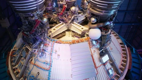 Massive Rocket Engines and Complex Propulsion System on Display in Hangar Stock Footage 342578429