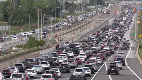Massive rush hour highway traffic jam and gridlock near Toronto Stock Footage 138339827