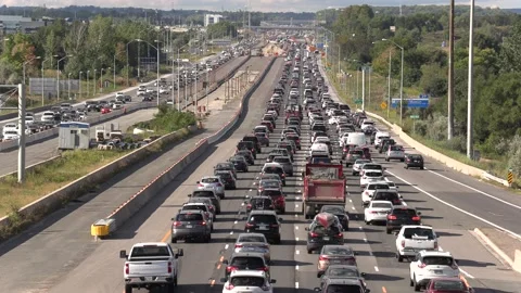 Massive rush hour highway traffic jam and gridlock near Toronto Stock Footage 138341982