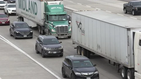 Massive rush hour highway traffic jam with cars and trucks on the road Video stock 151059206