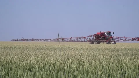 Massive self propelled sprayer with long arm is driving through the field Stock Footage 138138646