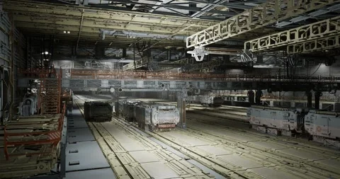 Massive shed housing parallel tracks and mechanical utilities 動画素材 333557687