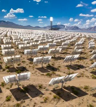 A massive solar array at the Ivanpah Generating station in the d Stock Photos