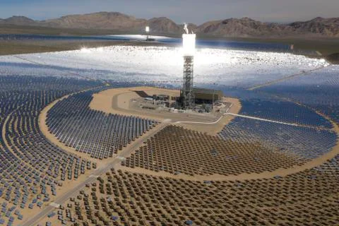 A massive solar array at the Ivanpah Generating station in the d Stock Photos