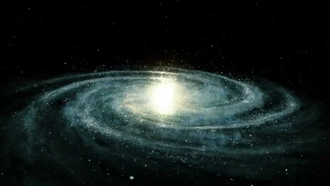 Massive spiral galaxy floating on black background with glowing stardust Stockbeeldmateriaal 334442976