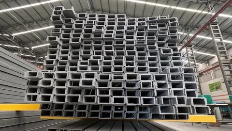 Massive stack of grey, pultruded FRP composite square tubes creates a stunning Stock Footage 320223947