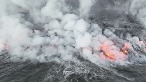 Massive Steam Cloud - Lava Meets Ocean at Sunrise - Drone - Reunion 2026 Stock Footage 335804570