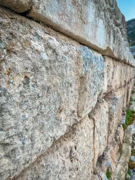 Massive Stone Courses Layer into Weathered Barrier Pergamon Ruins Stock Photos