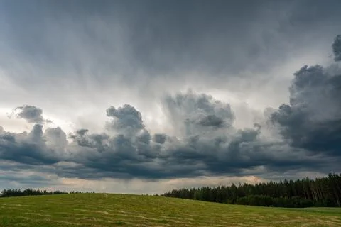 Massive storm clouds building over a green meadow and dense forest Photos