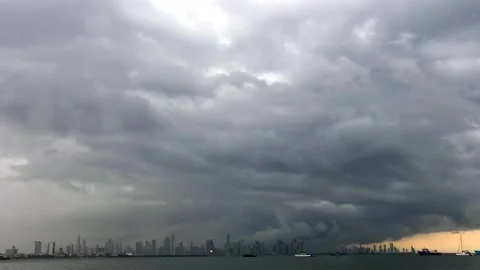 Massive Storm Clouds Rolling Over Panama City Skyline Timelapse Stock Footage 336936371