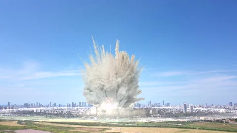Massive tactical nuclear atom explosion over city aerial view Stock Footage 189909009