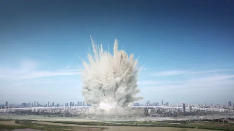 Massive tactical nuclear explosion over city aerial view Stock Footage 189342784