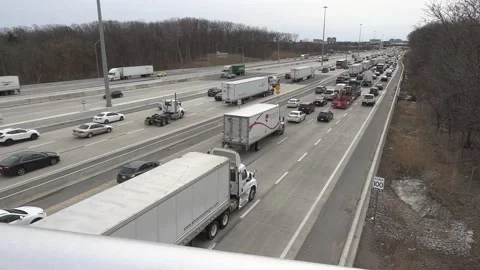 Massive Toronto highway traffic jam with cars and trucks on the busy 401 Stock Footage 151059470