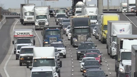 Massive Toronto highway traffic jam with cars and trucks on the busy 401 Stock Footage 151060939