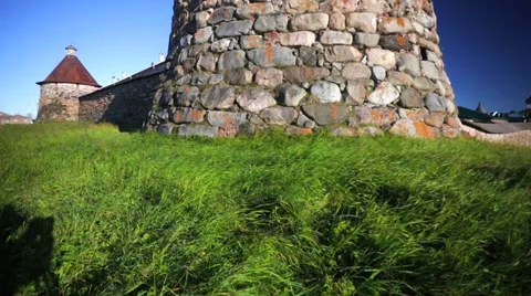 Massive tower of Russian Orthodox Solovetsky Monastery. Stock Footage 64929503