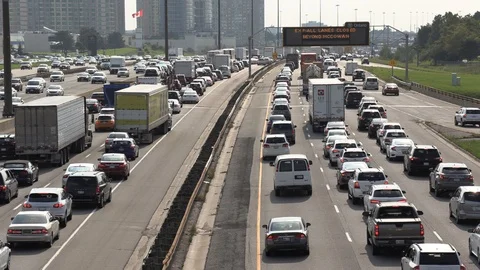 Massive traffic jam and gridlock on highway in Toronto Stock Footage 94097029