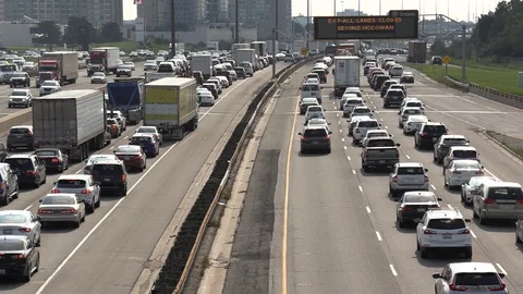 Massive traffic jam and gridlock on highway in Toronto Stock Footage 94097063