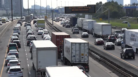 Massive traffic jam and gridlock on highway in Toronto Stock Footage 94097158