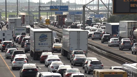Massive traffic jam and gridlock on highway in Toronto Stock Footage 94097338