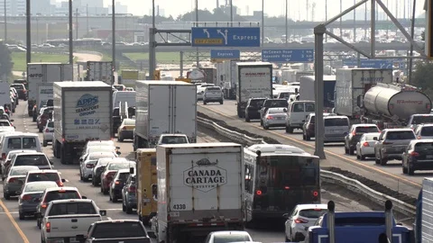 Massive traffic jam and gridlock on highway in Toronto Stock Footage 94097447