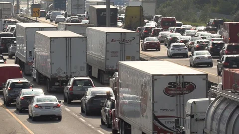 Massive traffic jam and gridlock on highway in Toronto Stock Footage 94097724