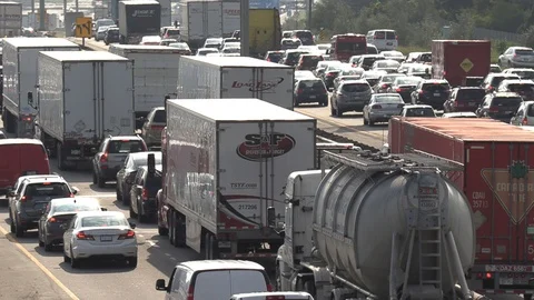 Massive traffic jam and gridlock on highway in Toronto Stock Footage 94097756