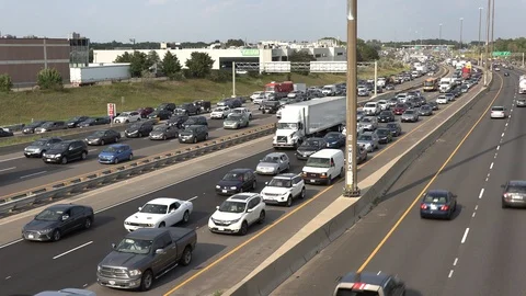 Massive traffic jam and gridlock on highway in Toronto Stock Footage 94097993