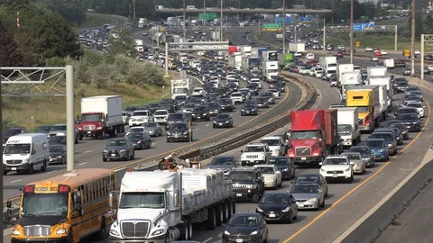 Massive traffic jam and gridlock on highway in Toronto Stock Footage 94098067