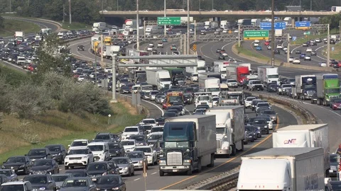 Massive traffic jam and gridlock on highway in Toronto Video stock 94098273