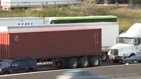 Massive traffic jam and gridlock on highway in Toronto Stock Footage 94099640