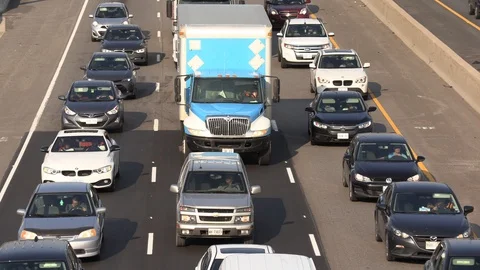Massive traffic jam and gridlock on highway in Toronto Stock Footage 94100015