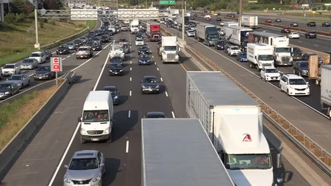 Massive traffic jam and gridlock on highway in Toronto Stock Footage 94100243