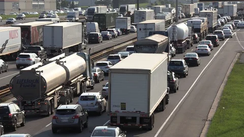 Massive traffic jam and gridlock on highway in Toronto Stock Footage 94100514