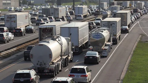 Massive traffic jam and gridlock on highway in Toronto Stock Footage 94100921