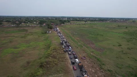 Massive traffic jam captured by drone near Elorza ahead of March 2025 local Stock Footage 314873480