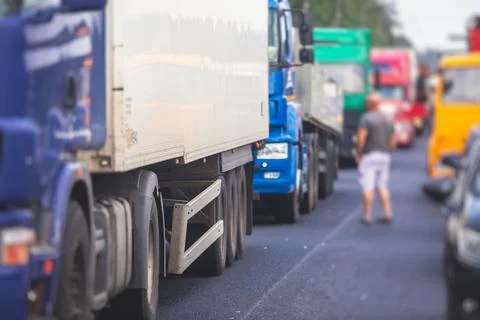Massive traffic jam congestion on a multiple lane highway, road closure durin Stock Photos