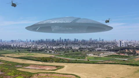 Massive ufo Flying saucer hovering over large city Aerial view Stock Footage 188648746