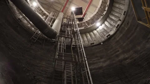 Massive vertical metro shaft lined with rough concrete walls metal ladders and t Stock Footage 309659920