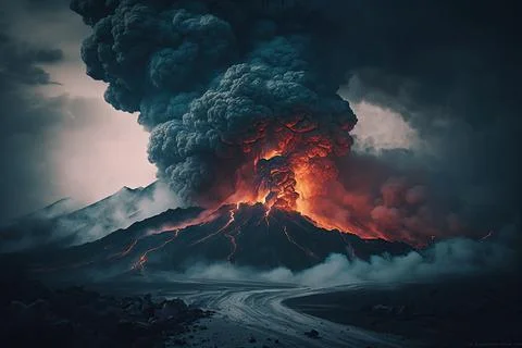 Massive volcanic eruption. Boiling lava flows from the crater. Smoke rises .. 库存插图