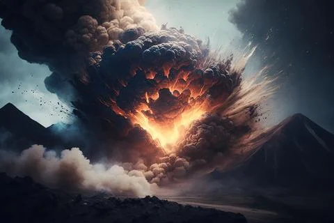 Massive volcanic eruption. Boiling lava flows from the crater. Smoke rises .. 库存插图
