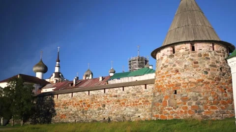 Massive walls of Russian Orthodox Solovetsky Monastery. Stock Footage 64929661