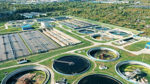 Massive wastewater treatment site in a t... | Stock Video | Pond5