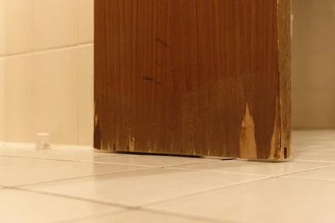 Massive water damage Moisture damage to a wooden door in the bathroom Stock Photos