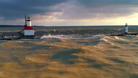 Massive Waves Lighthouse Crashing Over Storm Aerial Drone Stockbeeldmateriaal 347920908