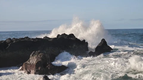 Massive Waves Splashing At Rocky Beach Coastline, Flores Island Azores Stock Footage 89371105