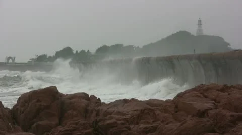 Massive waves water sea weather storm hurricane typhoon China Chinese Stock Footage