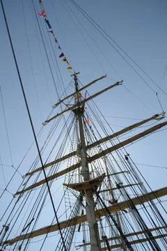 Mast and rigging on the USCG Eagle is a three-masted sailing barque home port Stock Photos