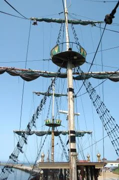 Mast and yards on old sailing vessel in harbour Stock Photos