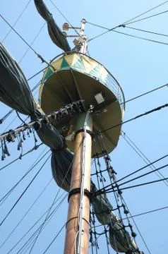 Mast and yards on old sailing vessel in harbour Stock Photos